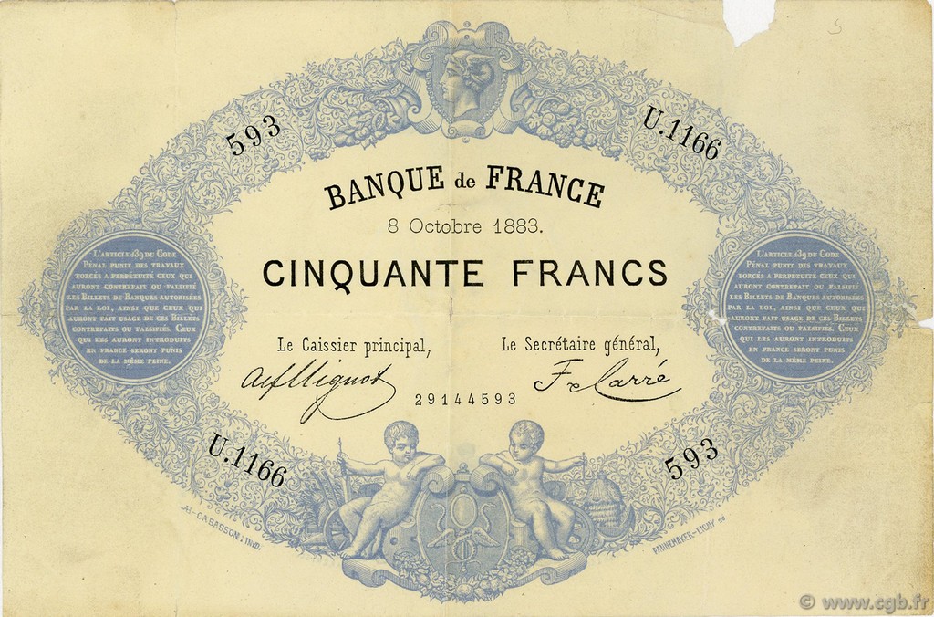 50 Francs type 1868 Indices Noirs FRANCIA  1883 F.A38.13 q.BB