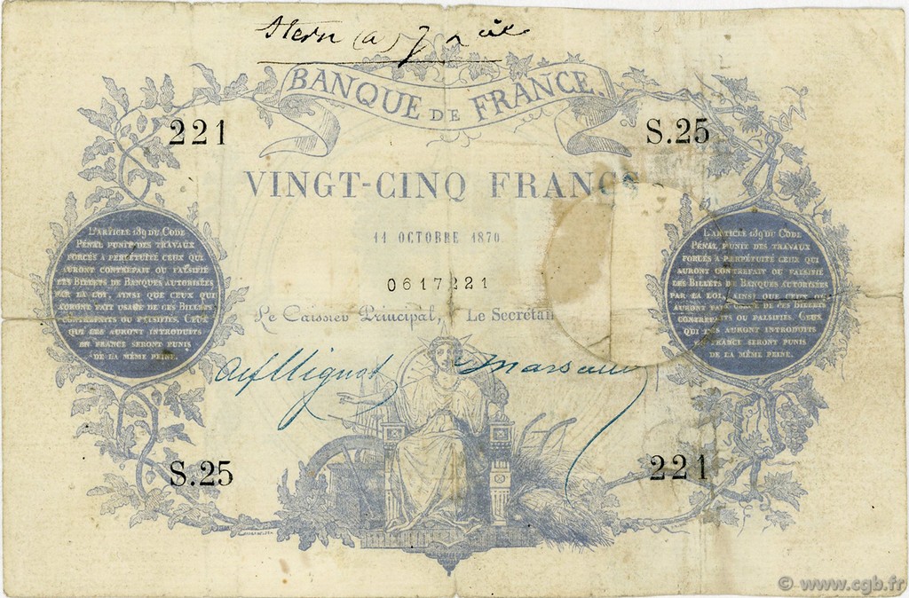 25 Francs type 1870 Paris FRANCIA  1870 F.A43.01 MB