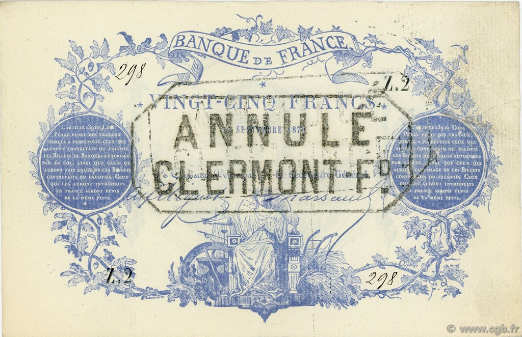 25 Francs type 1870 - Clermont-Ferrand FRANCE  1870 F.A44.01 XF+