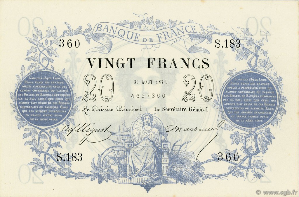 20 Francs type 1871 FRANCE  1871 F.A46.02 pr.NEUF