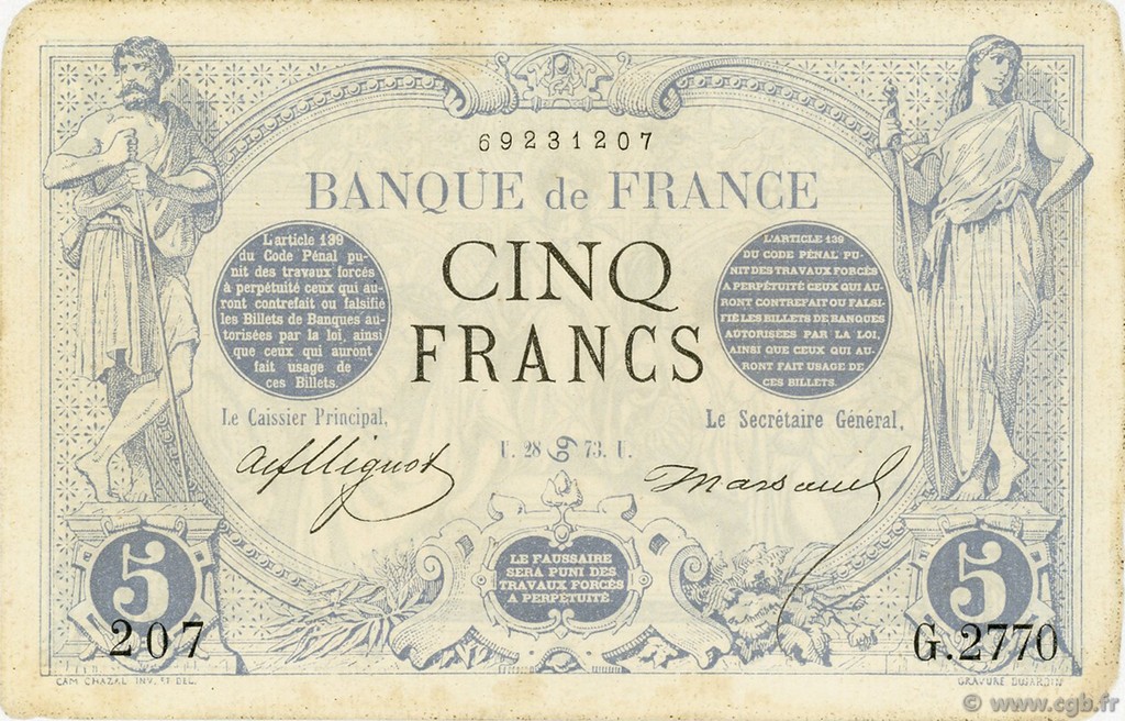 5 Francs NOIR FRANCE  1873 F.01.19 XF