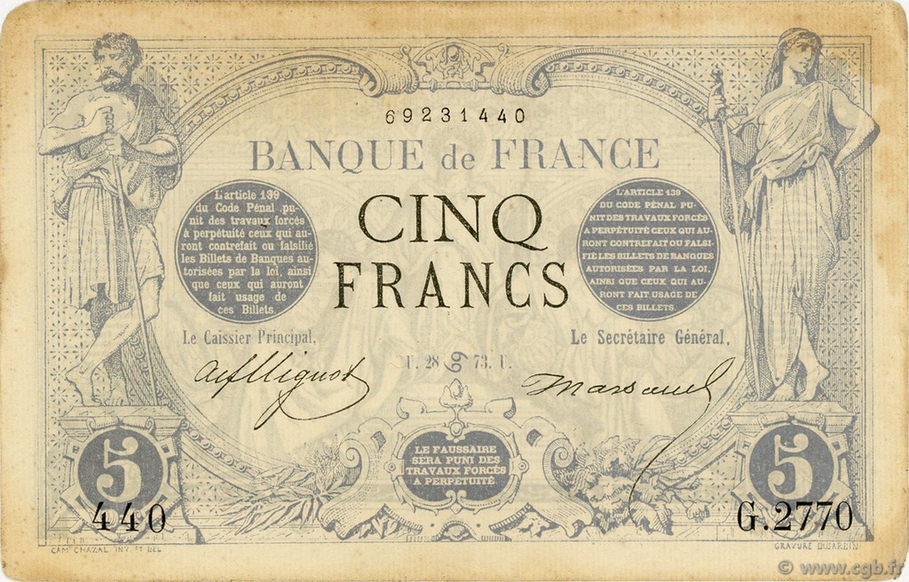 5 Francs NOIR FRANKREICH  1873 F.01.19 VZ