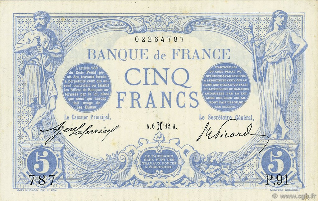 5 Francs BLEU FRANCIA  1912 F.02.02 q.SPL