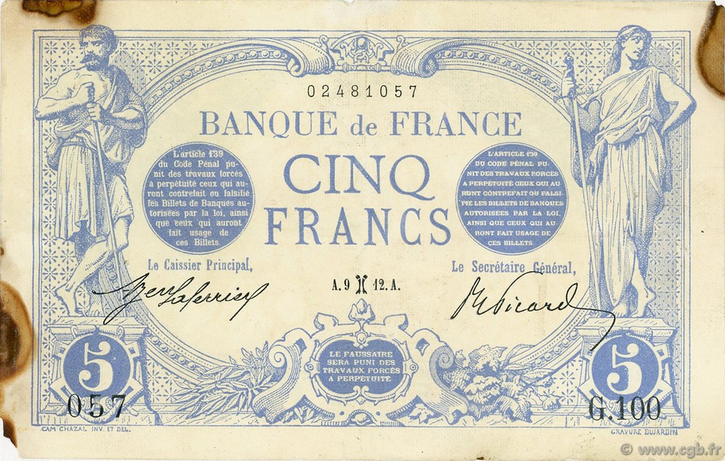 5 Francs BLEU FRANKREICH  1912 F.02.02 SS