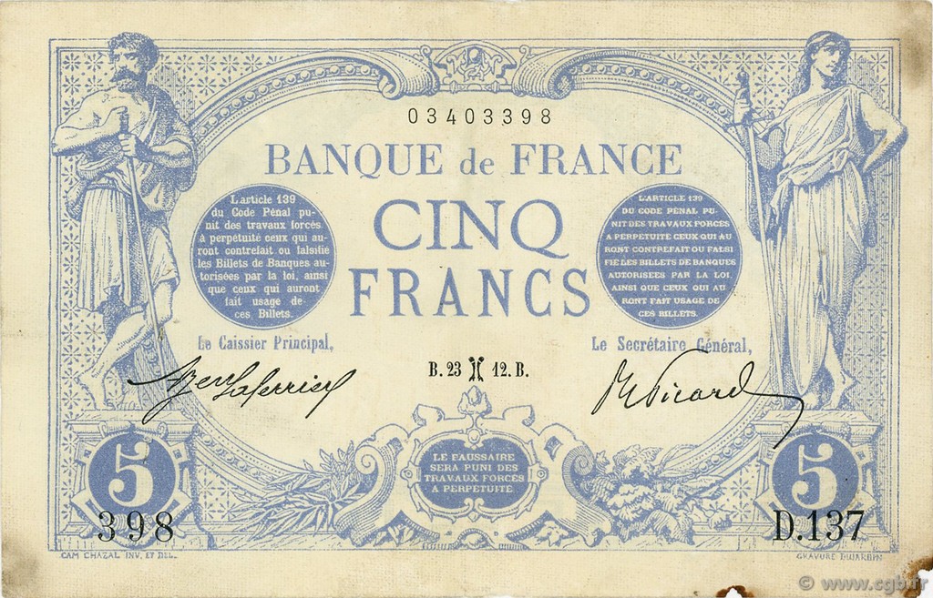5 Francs BLEU FRANCE  1912 F.02.03 VF