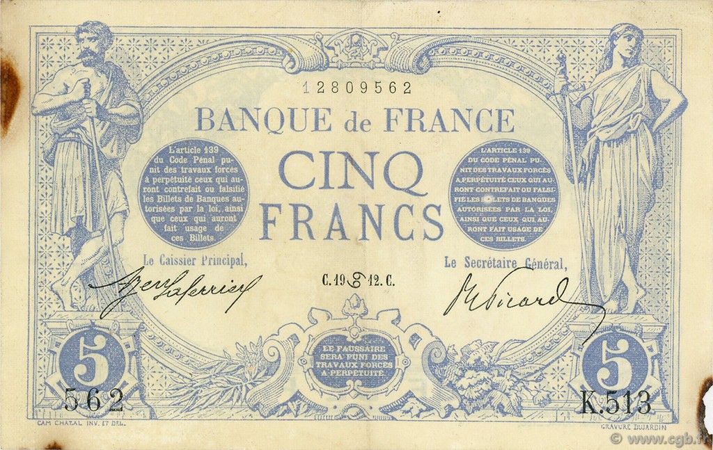 5 Francs BLEU FRANCIA  1912 F.02.06 q.SPL
