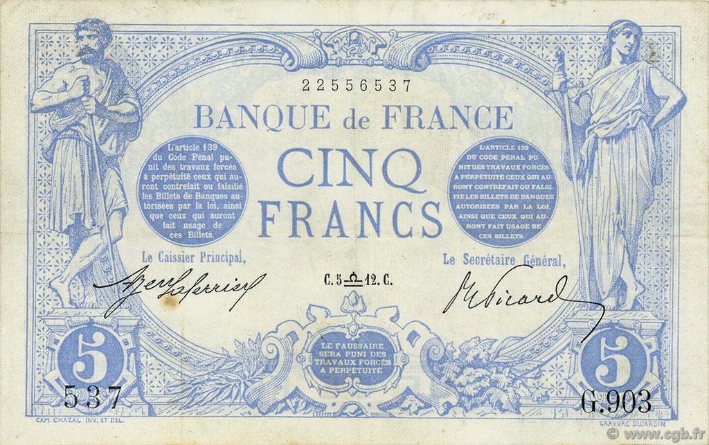 5 Francs BLEU FRANCIA  1912 F.02.09 MBC