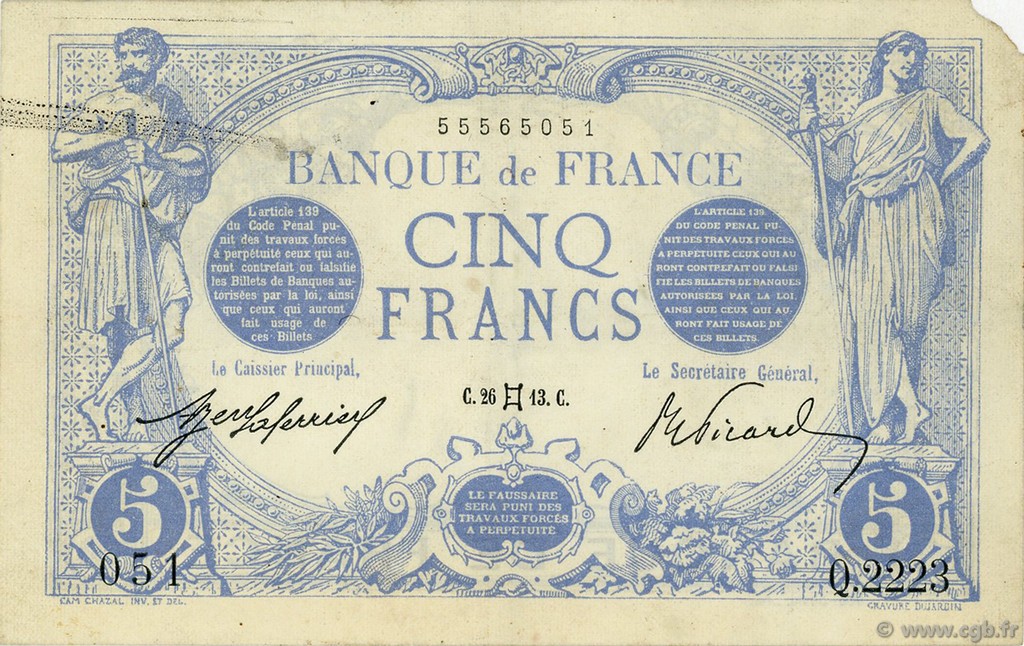 5 Francs BLEU FRANCE  1913 F.02.17 VF