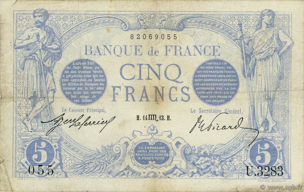 5 Francs BLEU FRANCIA  1913 F.02.21 q.BB