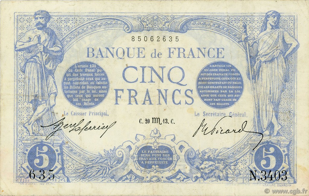 5 Francs BLEU FRANCIA  1913 F.02.21 BC+