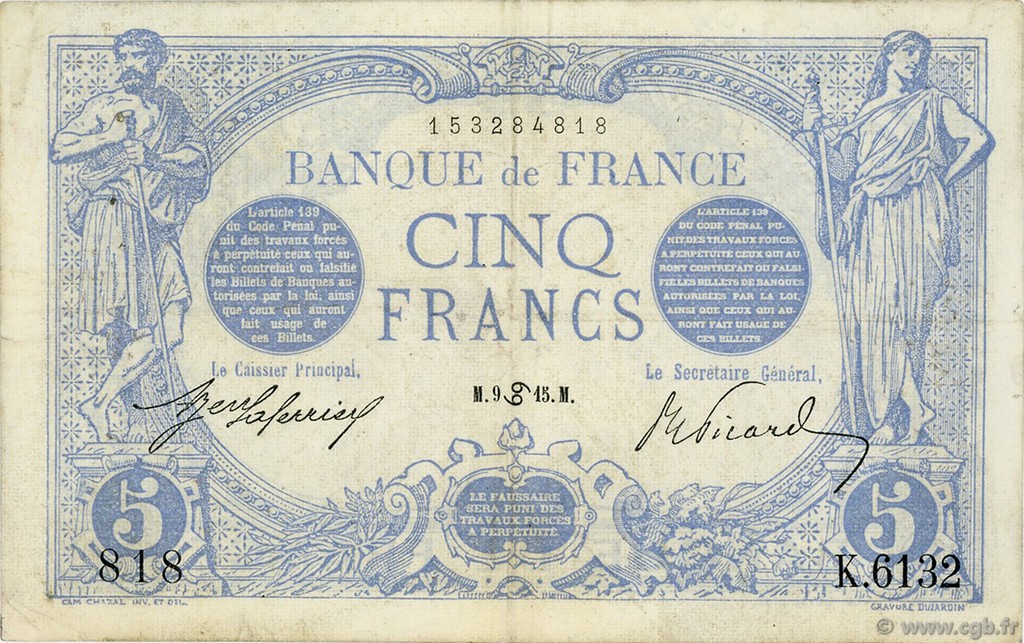 5 Francs BLEU FRANKREICH  1915 F.02.28 SS