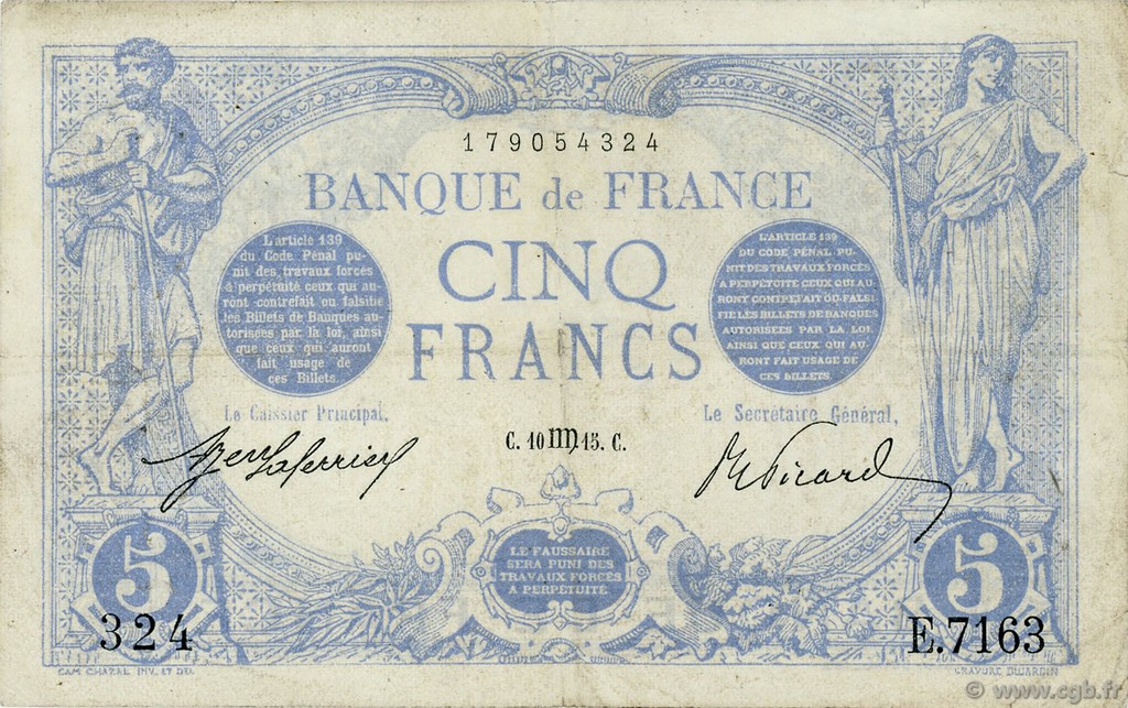 5 Francs BLEU FRANCIA  1915 F.02.30 BC+