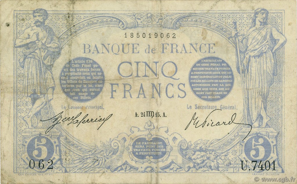 5 Francs BLEU FRANCIA  1915 F.02.32 MB