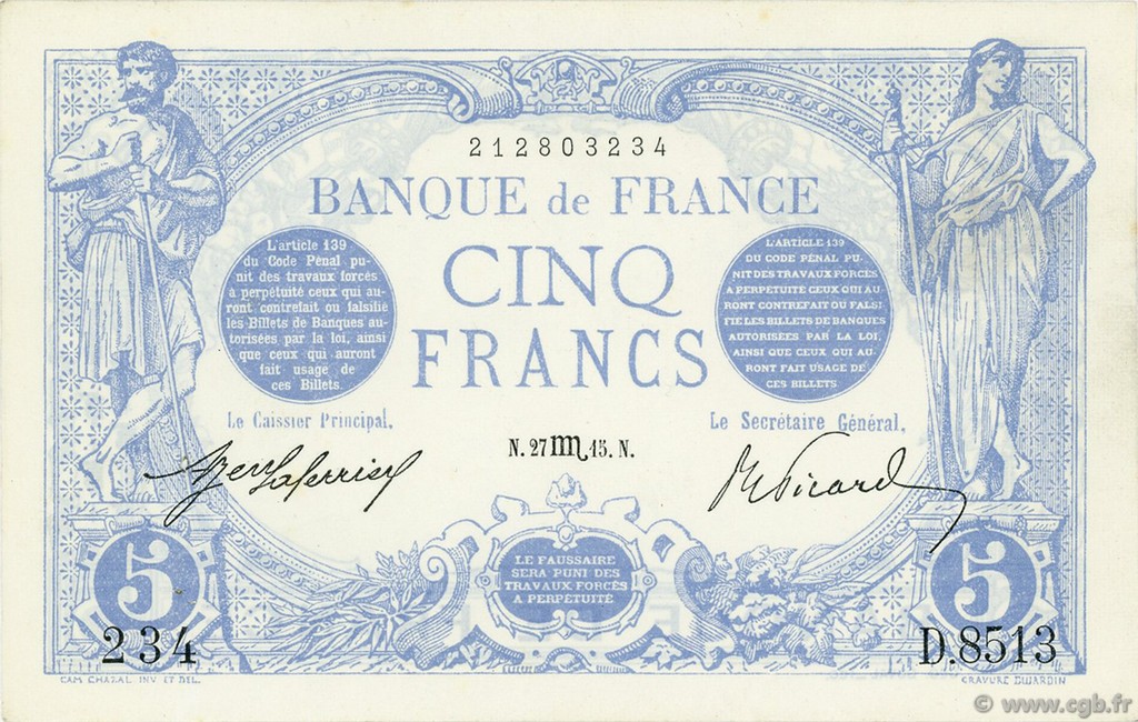 5 Francs BLEU FRANCIA  1915 F.02.32 SPL+