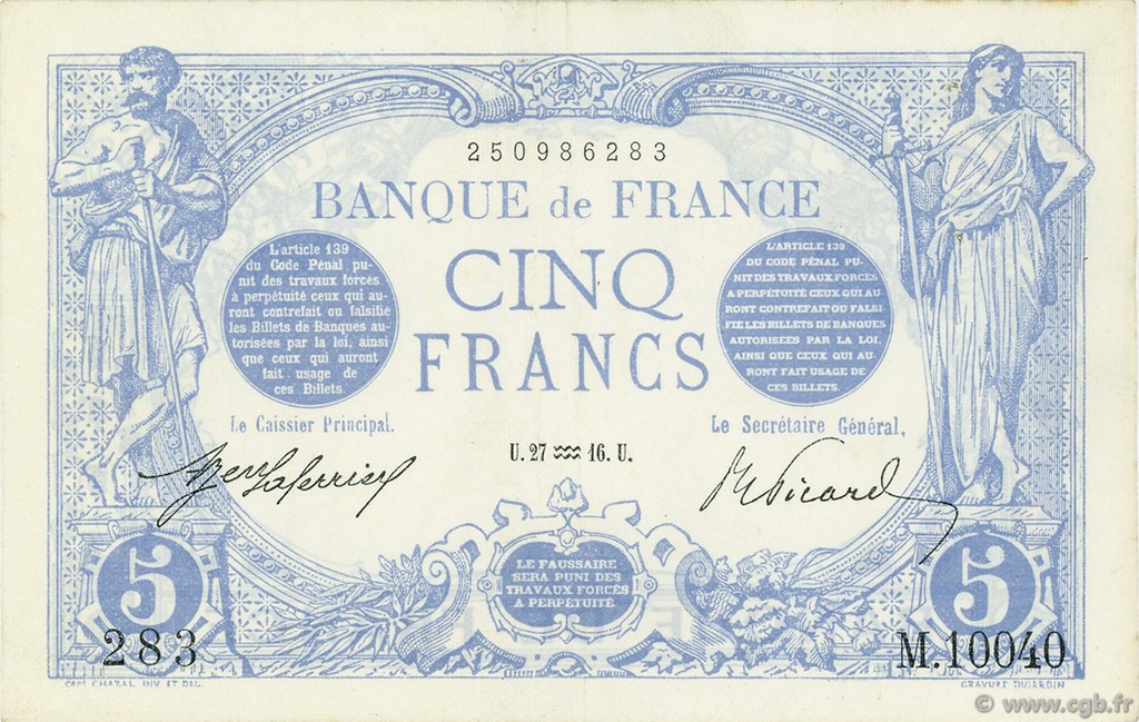 5 Francs BLEU FRANCIA  1916 F.02.35 EBC+