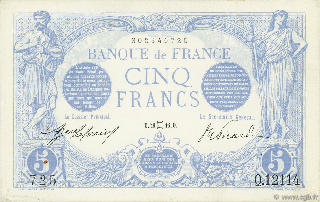 5 Francs BLEU FRANCE  1916 F.02.39 XF+