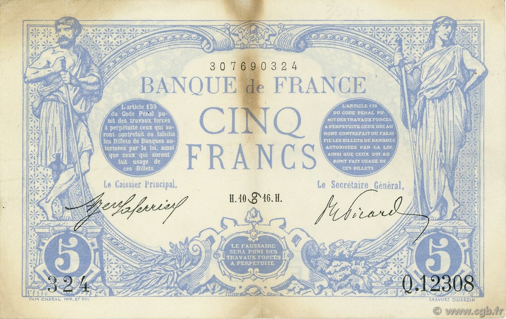 5 Francs BLEU FRANCIA  1916 F.02.40 MBC