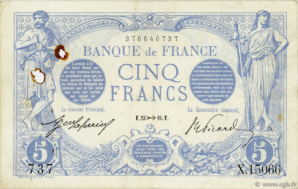 5 Francs BLEU FRANKREICH  1916 F.02.45 fSS