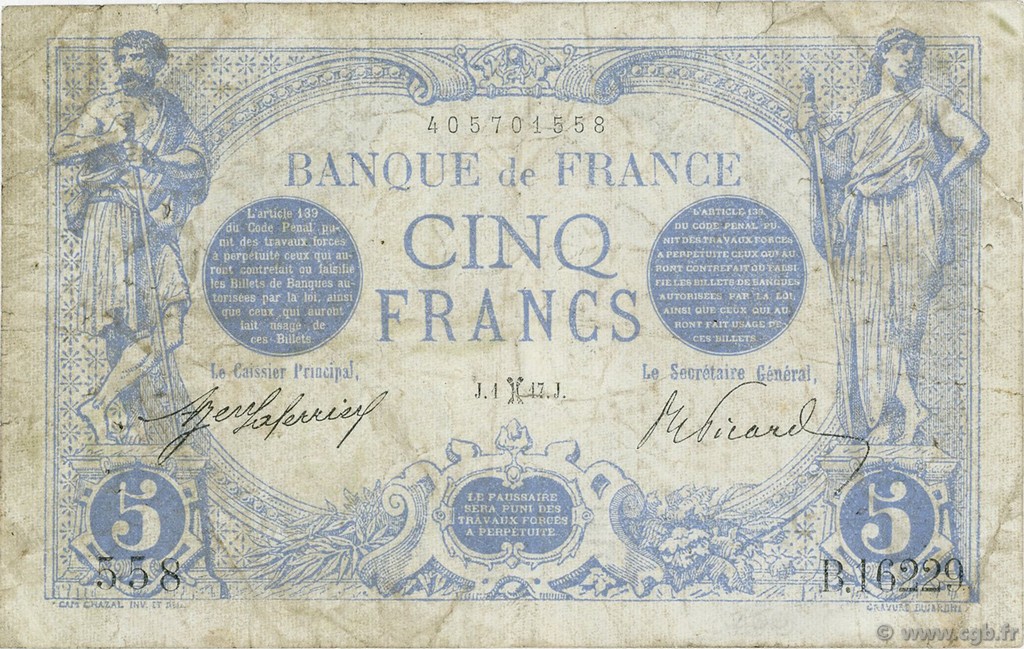 5 Francs BLEU FRANCIA  1917 F.02.48 RC a BC