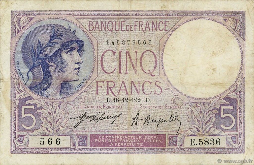 5 Francs FEMME CASQUÉE FRANCE  1920 F.03.04 F