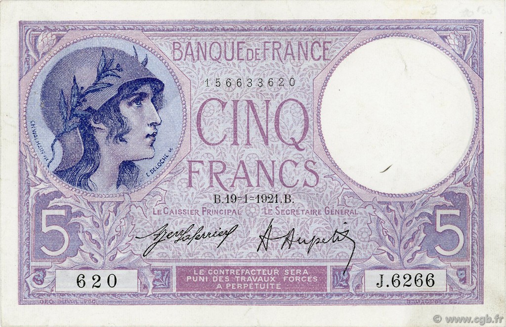 5 Francs FEMME CASQUÉE FRANCE  1921 F.03.05 pr.SUP