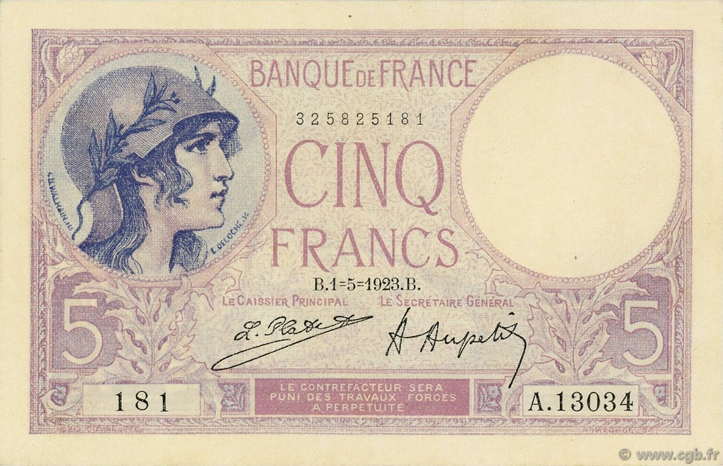 5 Francs FEMME CASQUÉE FRANCE  1923 F.03.07 UNC-
