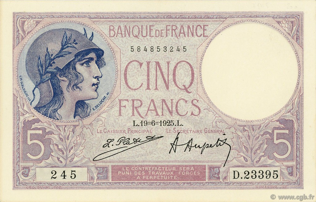 5 Francs FEMME CASQUÉE FRANKREICH  1925 F.03.09 VZ+