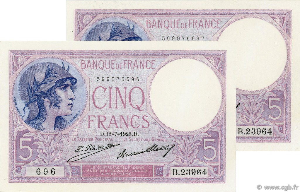 5 Francs FEMME CASQUÉE Consécutifs FRANCE  1926 F.03.10 SPL