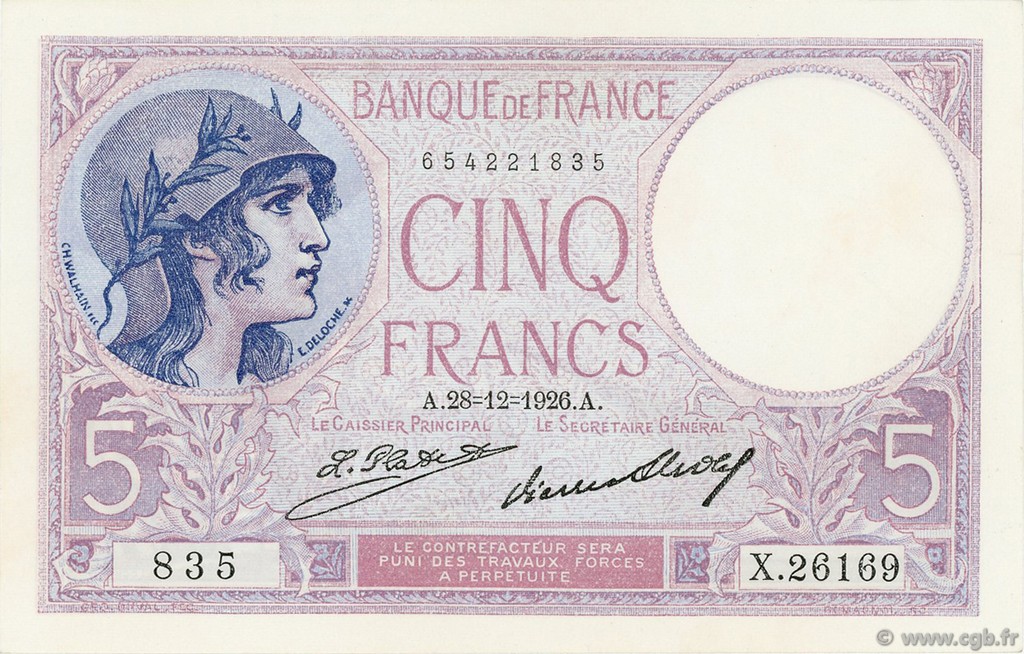 5 Francs FEMME CASQUÉE FRANCE  1926 F.03.10 AU+