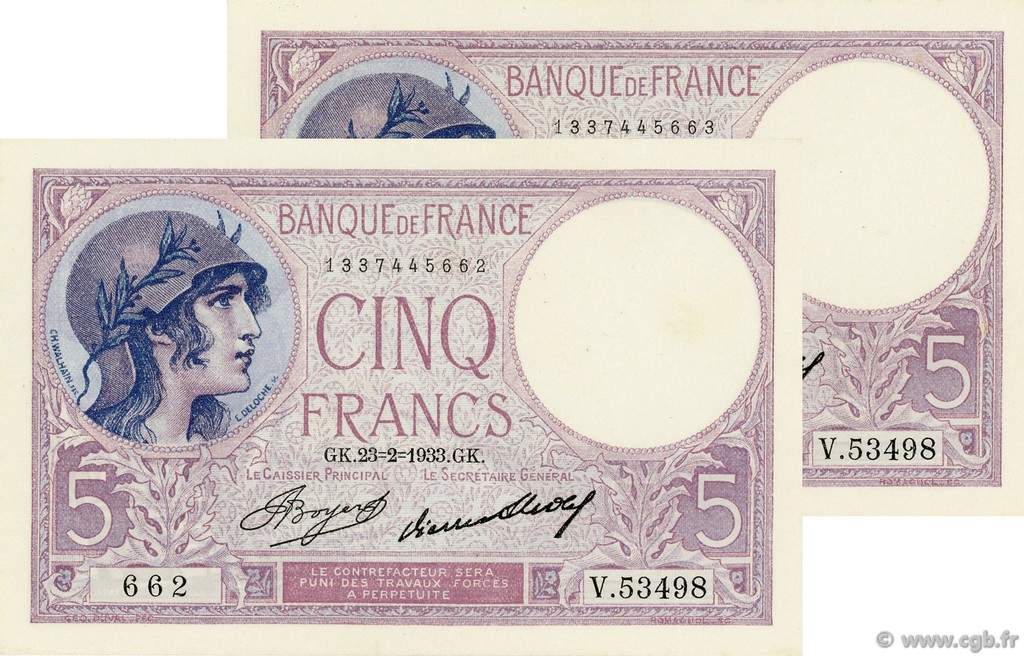 5 Francs FEMME CASQUÉE Consécutifs FRANCE  1933 F.03.17 XF