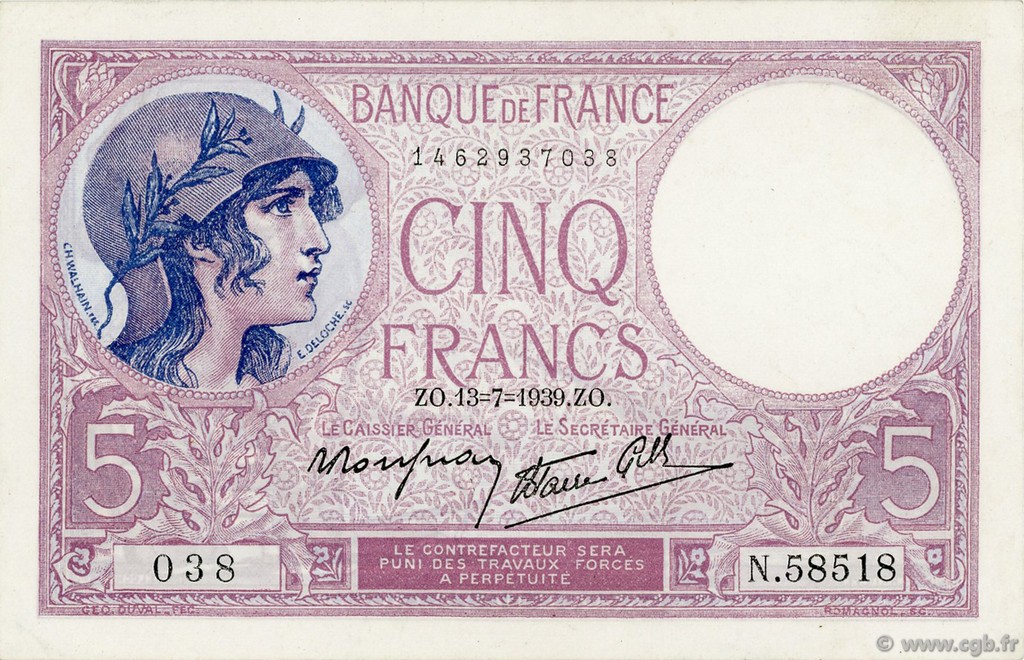 5 Francs FEMME CASQUÉE modifié FRANCIA  1939 F.04.01 q.FDC