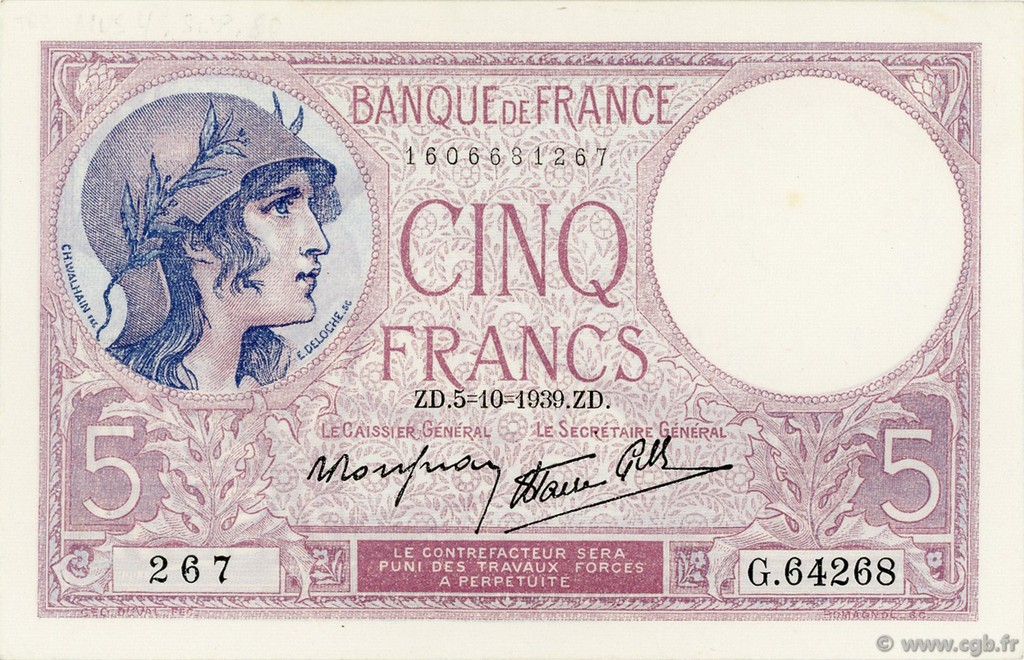 5 Francs FEMME CASQUÉE modifié FRANCE  1939 F.04.11 AU