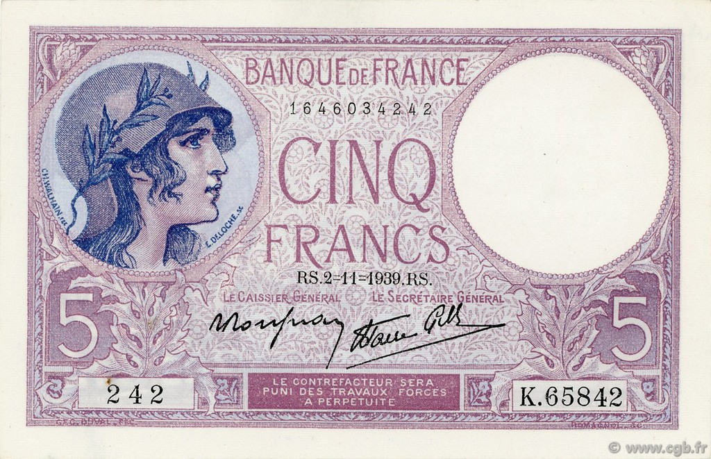 5 Francs FEMME CASQUÉE modifié FRANCIA  1939 F.04.14 SC