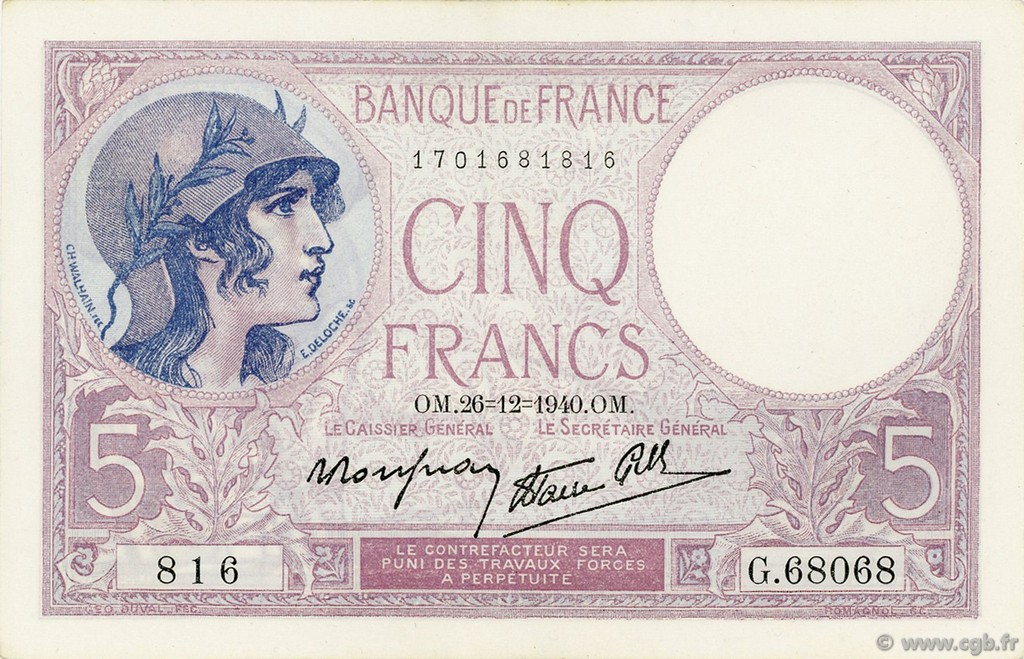5 Francs FEMME CASQUÉE modifié FRANCE  1940 F.04.18 XF - AU