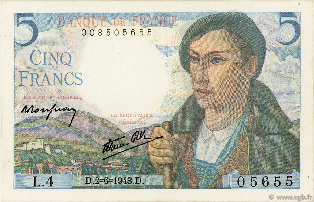5 Francs BERGER FRANCIA  1943 F.05.01 FDC