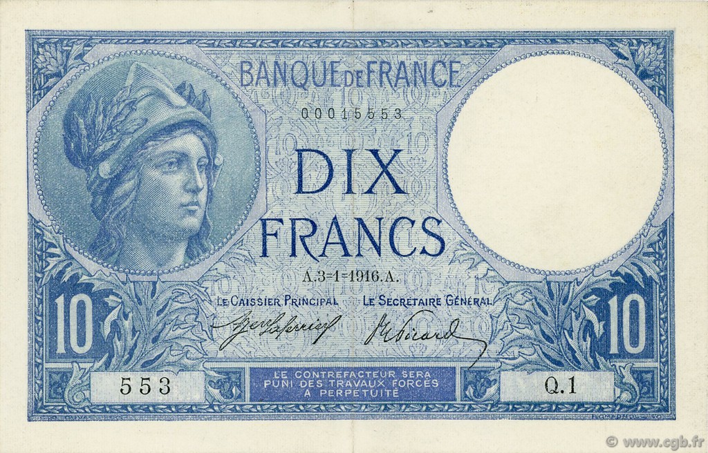 10 Francs MINERVE FRANCIA  1916 F.06.01 SC