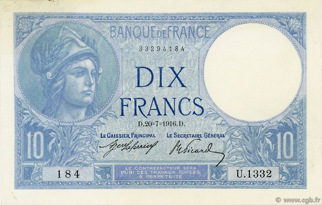 10 Francs MINERVE FRANCIA  1916 F.06.01 EBC+ a SC