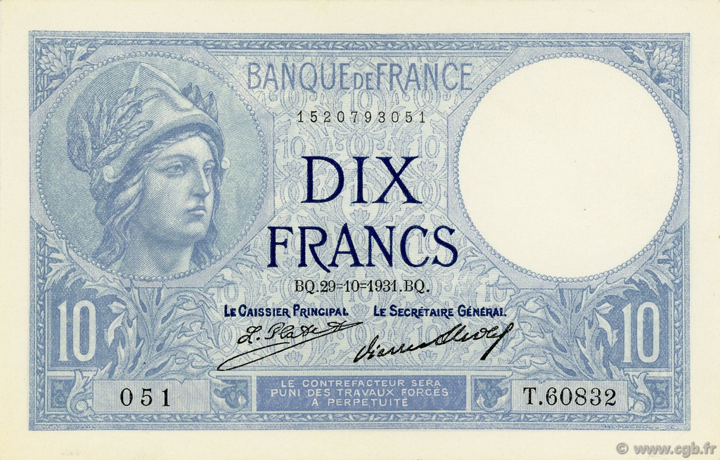 10 Francs MINERVE FRANKREICH  1931 F.06.15 fST+