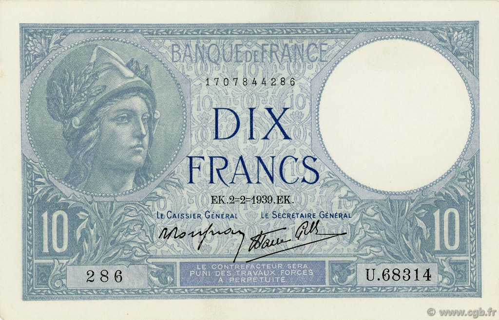 10 Francs MINERVE modifié FRANCE  1939 F.07.01 AU