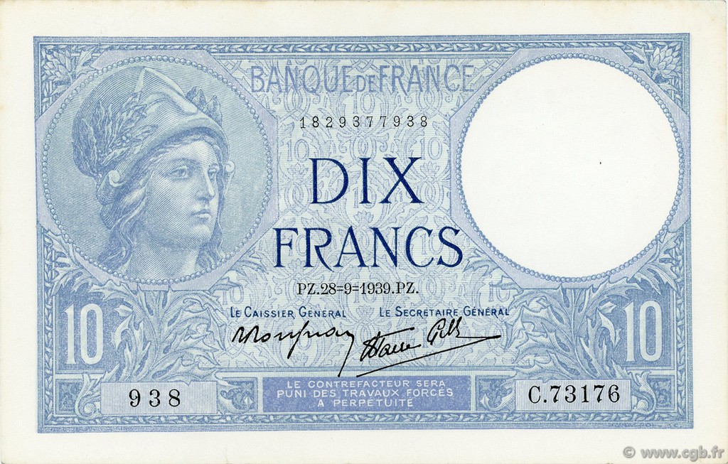 10 Francs MINERVE modifié FRANKREICH  1939 F.07.09 fST+
