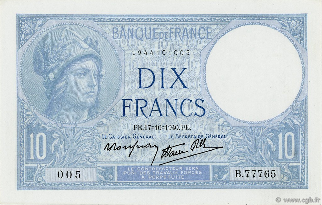 10 Francs MINERVE modifié FRANCE  1940 F.07.17 SPL