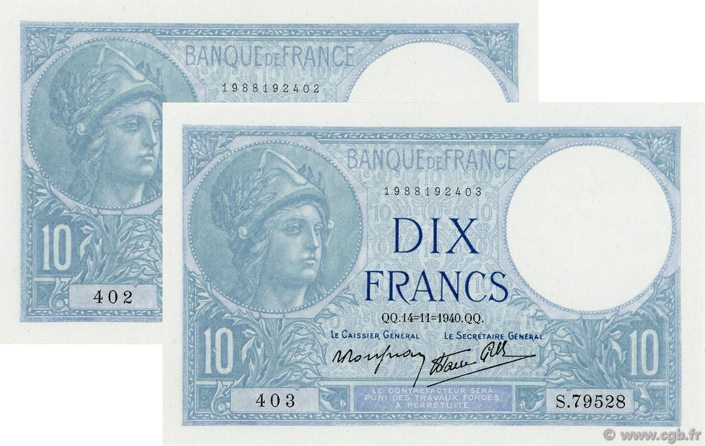 10 Francs MINERVE modifié FRANCIA  1940 F.07.20 SPL+
