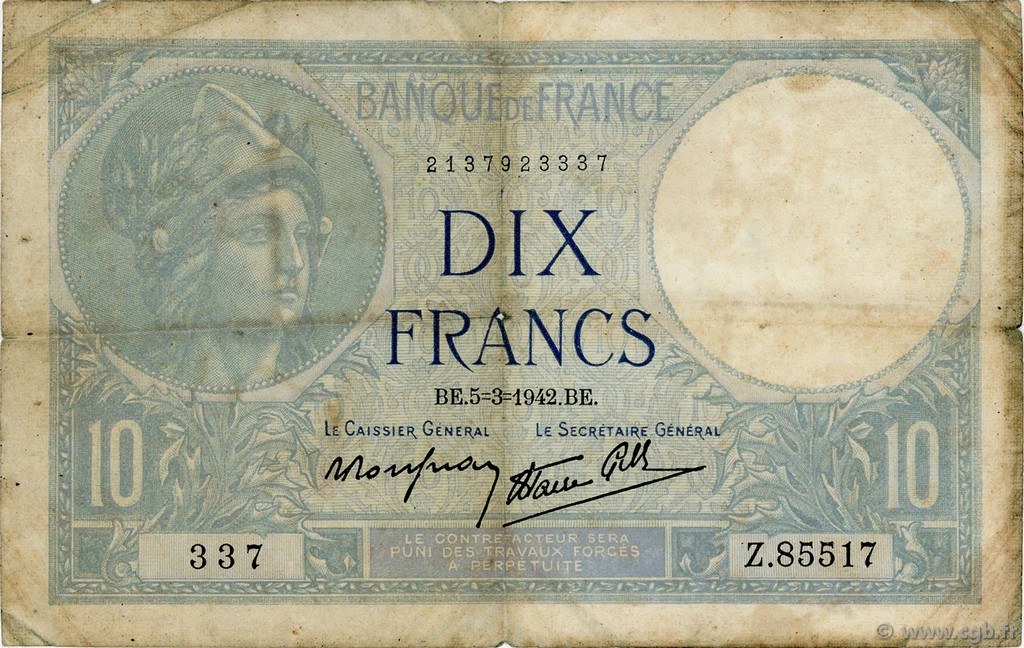 10 Francs MINERVE modifié FRANCIA  1942 F.07.31 RC