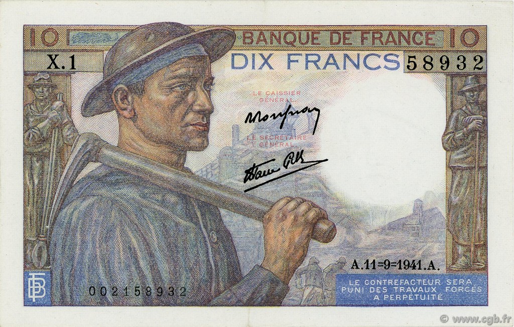 10 Francs MINEUR FRANCE  1941 F.08.01 XF