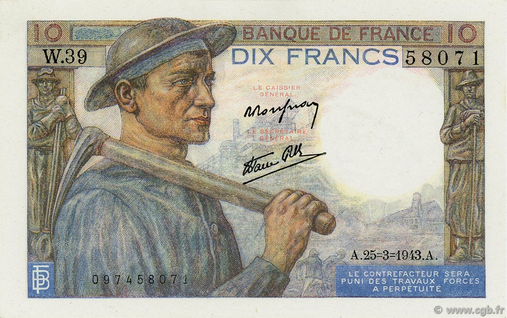 10 Francs MINEUR FRANCIA  1943 F.08.08 q.FDC