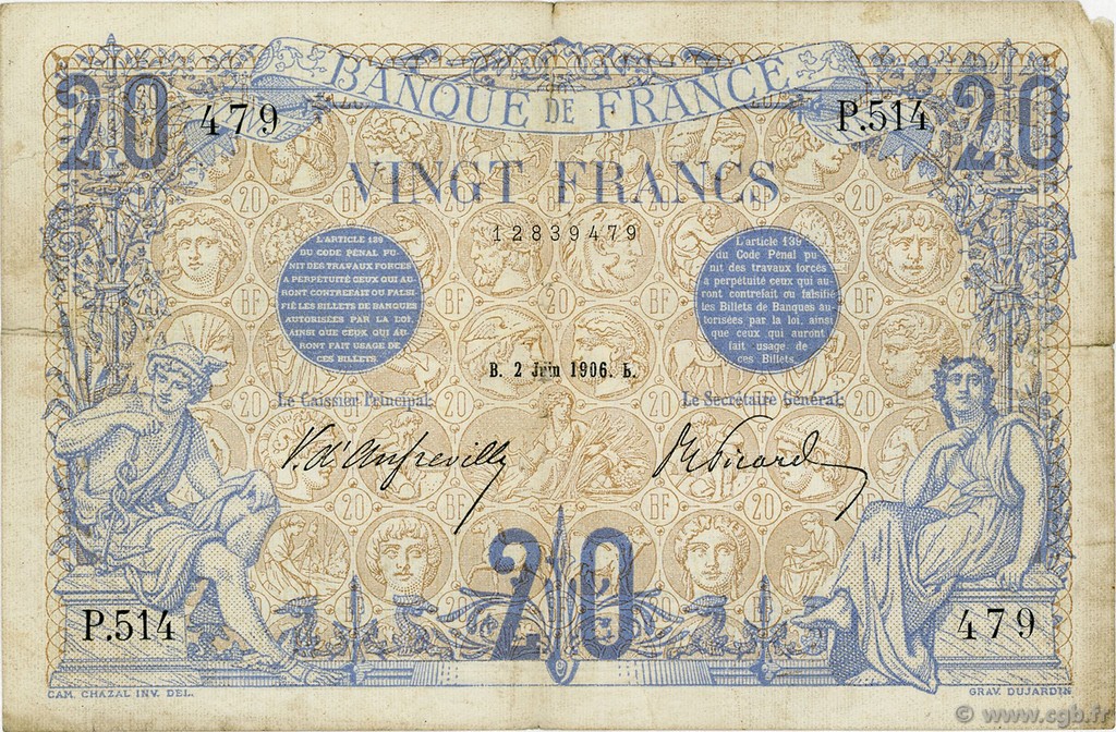 20 Francs BLEU FRANCE  1906 F.10.01 B+