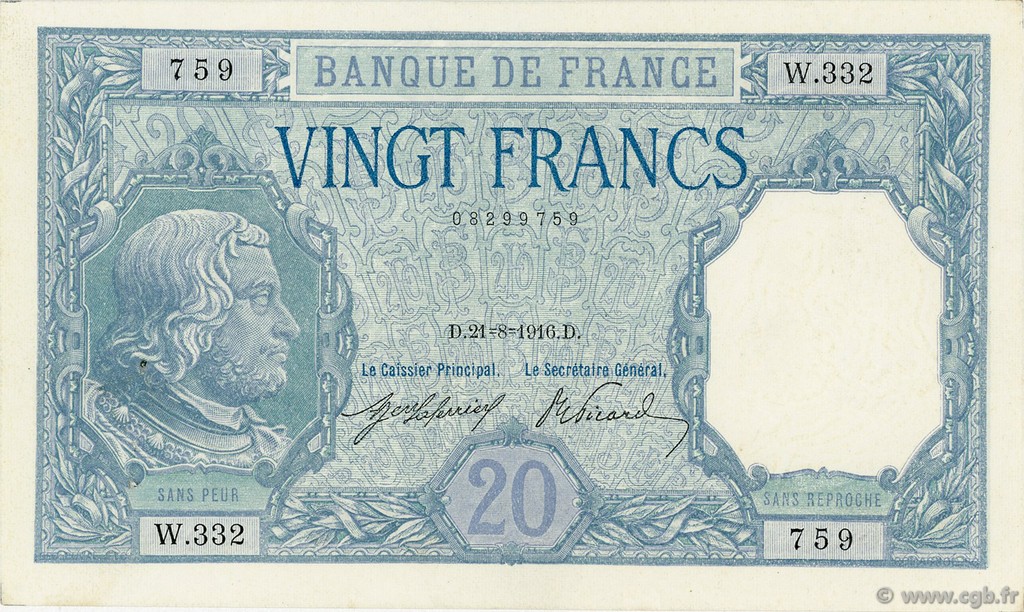 20 Francs BAYARD FRANCE  1916 F.11.01 XF