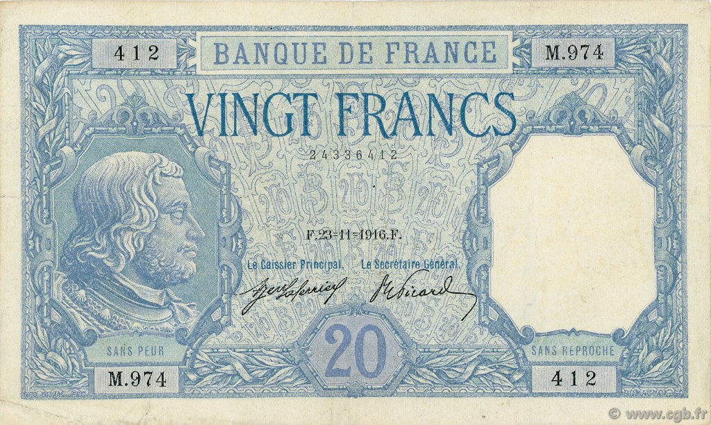 20 Francs BAYARD FRANKREICH  1916 F.11.01 fSS