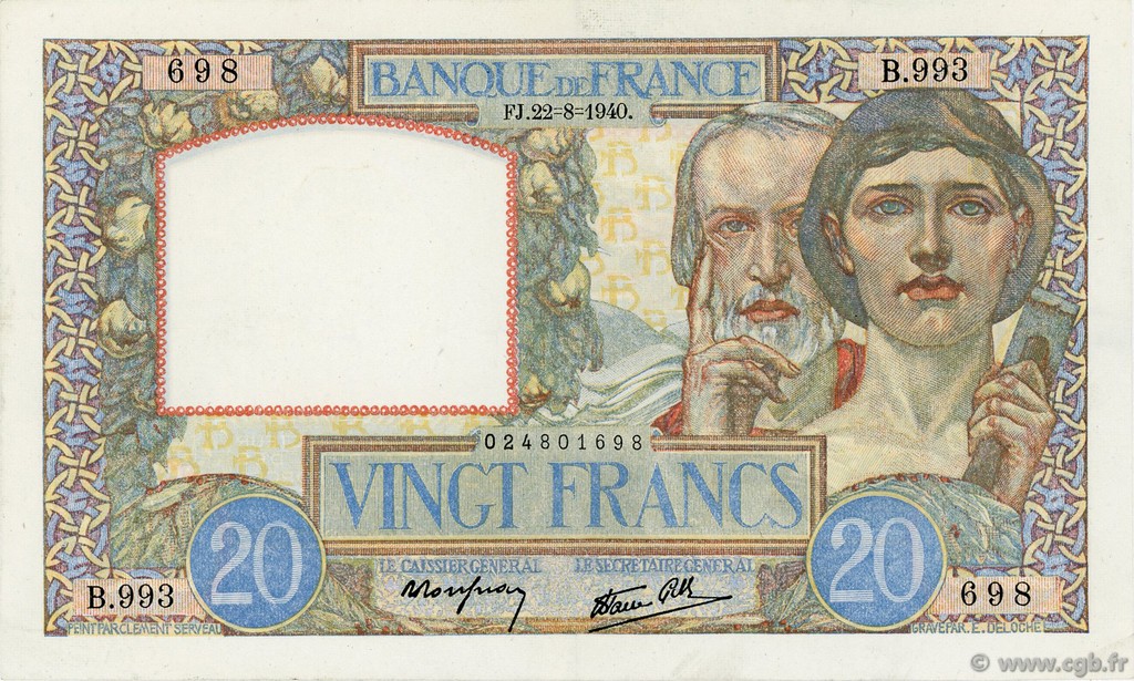 20 Francs TRAVAIL ET SCIENCE FRANCE  1940 F.12.06 VF+