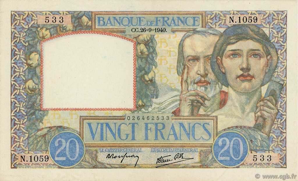 20 Francs TRAVAIL ET SCIENCE FRANKREICH  1940 F.12.07 VZ+